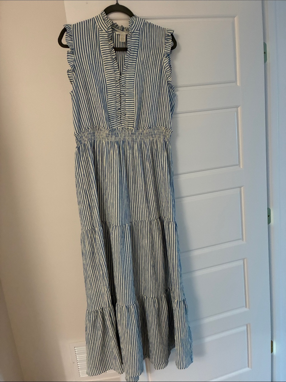 London Times Sleeveless Blue & White Stripe Ruffled Maxi Dress